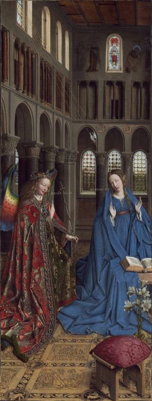 Jan van Eyck. The Annunciation, c1430-35. Oak, transferred on to canvas in St Petersburg after 1864, 92.7 x 36.7 cm. Washington DC, National Gallery of Art, Andrew W. Mellon Collection.