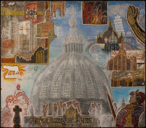 Willem van Genk. Untitled (Reiseland Italien or Travel in Italy), 1964. Mixed media on millboard. 27 ¾ x 31 ½ x 1 ½ in (70.5 x 80 x 3.5 cm). Collection Foundation Willem van Genk, Museum Dr. Guislain, Ghent, 210302174. Photo: Guido Suykens, Ghent.