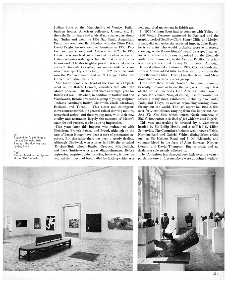 Venice Biennale: choosing the artists. Studio International, Vol 171, No 878, June 1966, pages 230-32.