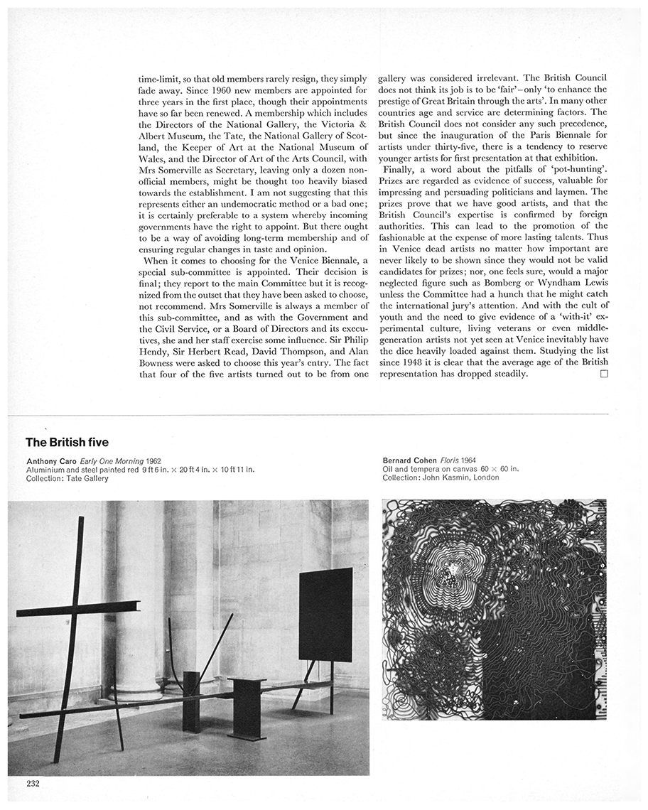 Venice Biennale: choosing the artists. Studio International, Vol 171, No 878, June 1966, pages 230-32.