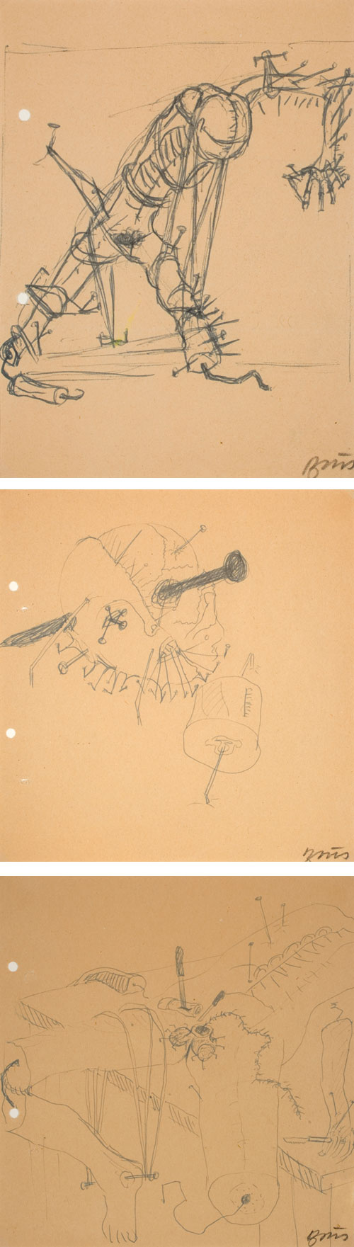 Günter Brus. 3 Aktionsskizzen, c1965–69. Three drawings, pencil on paper. Courtesy Richard Saltoun Gallery.