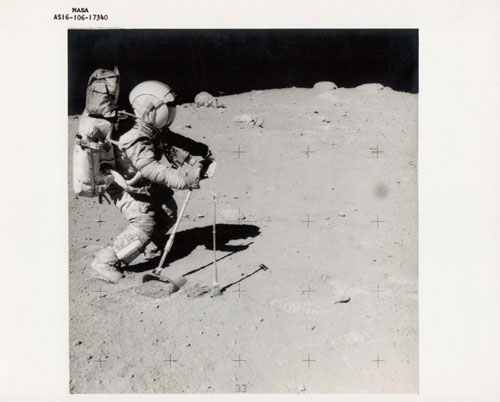Charles Duke, John Young collects lunar samples, Apollo 16, April 1972, Vintage gelatin silver print, c20 x 25 cm, NASA AS16-106-17340. Courtesy Breese Little.