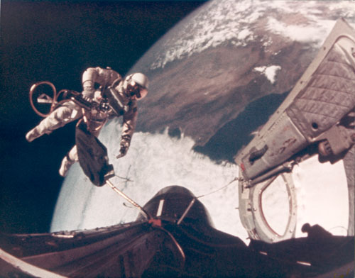 James McDivitt, Ed White Walking in space (EVA), Gemini 4, June 1965, Large-format vintage chromogenic print, on ‘A Kodak Paper’, 27.8 x 35.6 cm, NASA negative number S65-29766. Courtesy Breese Little.