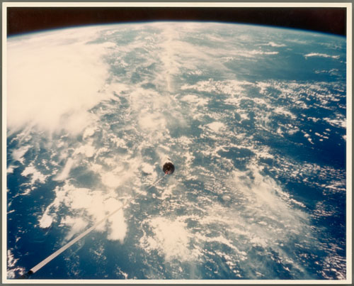 The Agena target vehicle tethered to Gemini 11, Gemini 11, 14 September 1966, Large format vintage chromogenic print, on ‘A Kodak Paper’, 28.2 x 35.2 cm, NASA negative number S66-54571, Title and technical details in ink on verso. Courtesy Breese Little.