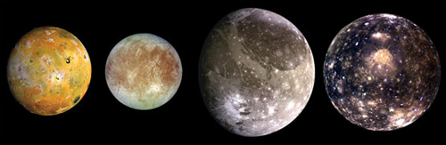 The Galilean moons: Io, Europa, Ganymede and Callisto. Galileo orbiter spacecraft, 1996–97. Solid-State Imaging (CCD) System
Jupiter has over 60 known moons. The four largest, shown here to scale, were first observed by Galileo in 1610. From left to right: Io, the moon closest to Jupiter, is the most volcanically active object in the Solar System; Europa has a smooth icy surface scarred by numerous cracks; Ganymede and Callisto are giants among moons, their surfaces dotted by many impact craters. © NASA/JPL/DLR: http://photojournal.jpl.nasa.gov/catalog/pia01299