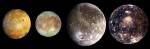 The Galilean moons: Io, Europa, Ganymede and Callisto. Galileo orbiter spacecraft, 1996–97. Solid-State Imaging (CCD) System
Jupiter has over 60 known moons. The four largest, shown here to scale, were first observed by Galileo in 1610. From left to right: Io, the moon closest to Jupiter, is the most volcanically active object in the Solar System; Europa has a smooth icy surface scarred by numerous cracks; Ganymede and Callisto are giants among moons, their surfaces dotted by many impact craters. © NASA/JPL/DLR: http://photojournal.jpl.nasa.gov/catalog/pia01299