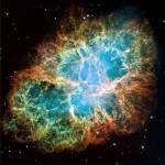 The Crab Nebula (M1). Hubble Space Telescope, 2005. Wide Field Planetary Camera 2. Stars like our Sun die slowly, gently expelling their outer layers over millions of years. But for stars more than ten times as massive as the Sun the end is extremely violent. When its nuclear fuel runs out, the core of the star collapses, triggering a huge explosion which rips the outer layers of the star apart, blasting them outwards. The Crab Nebula is the debris from one of these ‘supernova’ explosions. © NASA/ESA/J. Hester and A. Loll (Arizona State University): http://hubblesite.org/gallery/album/pr2005037a/