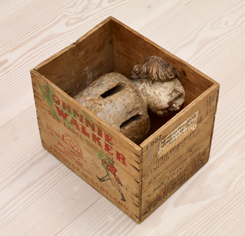 Danh Vō. Untitled, 2015. 17th-century oak and polychrome cherub’s head; wood, nails 28.5 x 26.6 x 34.2 cm. Courtesy the Artist and Marian Goodman Gallery. Copyright Danh Vō.