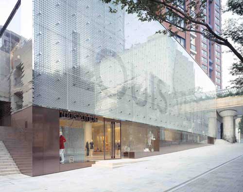 Louis Vuitton store Tokyo designed with perforated monogrammed facade