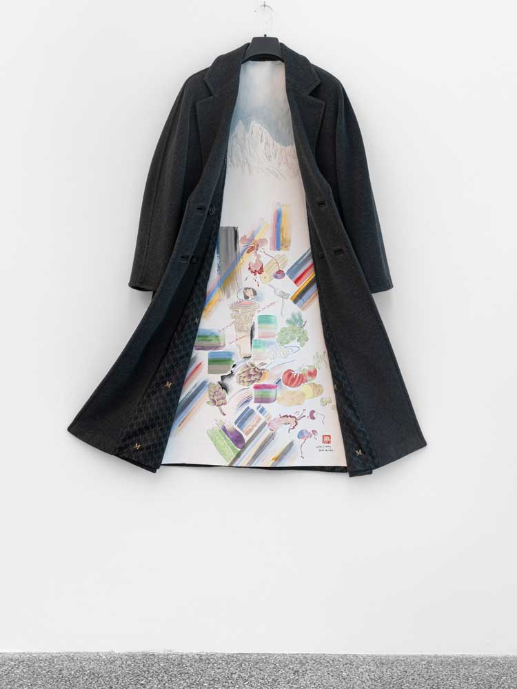 Evelyn Taocheng Wang, Lining Painting of Bolzano Veggie and Snow Mountains, 2026. Max Mara 101801 Icon Coat, size about Women M, 85% wool 15% cashmere; acrylic colour, pencil, gesso on canvas, cotton threads. Height, 160 cm. © Evelyn Taocheng Wang, courtesy the artist; Antenna Space, Shanghai; Carlos / Ishikawa, London. Exhibition view, Evelyn Taocheng Wang. Sweet Landscape, Museion, 2026. Photo: Luca Guadagnini.