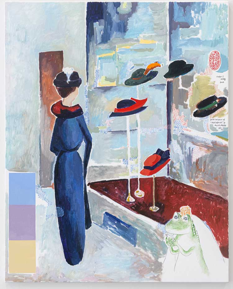 Evelyn Taocheng Wang, Frog Princess Checks her Smartphone in front of Window of August Macke
