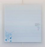 Evelyn Taocheng Wang, Runkelstein Castle Fresco Theme in Delft-blue and Imitation of Agnes Martin, 2026. Acrylic colour, pencil, pencil fixation medium, gesso on canvas. 155 x 155 x 2,5 cm. © Evelyn Taocheng Wang, courtesy the artist; Antenna Space, Shanghai; Carlos / Ishikawa, London. Exhibition view, Evelyn Taocheng Wang. Sweet Landscape, Museion, 2026. Photo: Luca Guadagnini.