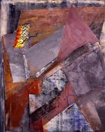 John Walker. Juggernaut with Plume – for P. Neruda, 1975. Acrylic, French chalk, and canvas collage on canvas, 306 x 248 cm. Photo: Ed Watkins Photography.