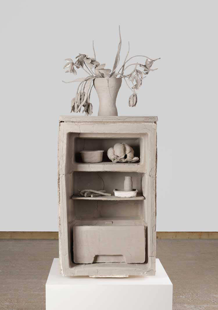 Daphne Wright, Fridge Still Life, 2021. Unfired clay and mixed media, 132 x 48.5 x 52 cm on freestanding plinth. Courtesy the artist and Frith Street Gallery, London. Photo: Ashmolean Museum, University of Oxford.