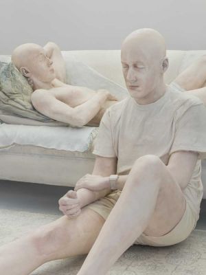 Daphne Wright. Sons and Couch (detail), 2025. Jesmonite, Photo: Jed Niezgoda, Courtesy the artist and Frith Street Gallery, London and Ashmolean Museum, University of Oxford.
