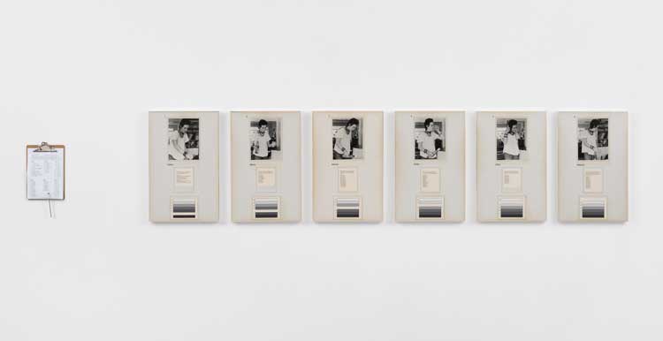 Stephen Willats. A Moment of Action, 1974. Photographic prints, gouache, ink, typed text, Letraset on card, framed with perspex, six panels, each panel 64.5 x 41.3 x 3.5 cm (25 3/8 x 16 1/4 x 1 3/8 in). © Stephen Willats. Courtesy the artist and Victoria Miro.