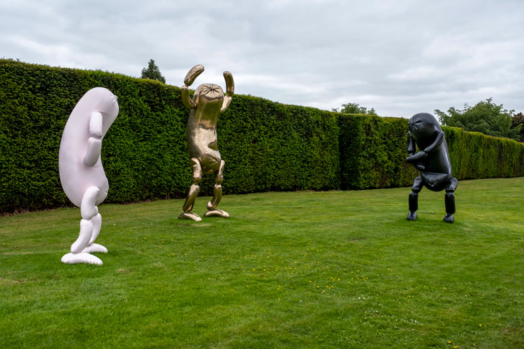 Erwin Wurm, Untitled, 2018; Giant Big, Me Ideal, 2014; Untitled, 2018. Installation at Yorkshire Sculpture Park, 2023. Courtesy Studio Erwin Wurm.