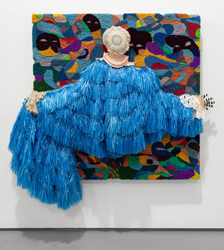 Alberta Whittle, Taking a leap toward the ancestors (remembering G), 2022. Raffia, acrylic, cotton, doillies, wool, felt, Florida Water and Bay Rum on linen, 153 x 153 x 20 cm (60 1/4 x 60 1/4 x 7 7/8 in). Courtesy of the artist and The Modern Institute / Toby Webster Ltd., Glasgow. Photo: Patrick Jameson.