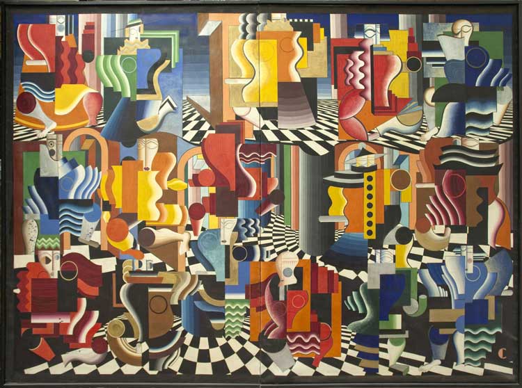 Sascha Wiederhold, Figures in Space, 1928. Oil on cardboard on canvas, 220.5 x 307 cm. Sprengel Museum Hanover, on loan from the Lower Saxony State Museum. Photo: Herling / Herling / Werner. Sprengel Museum Hanover © legal successor Sascha Wiederhold.