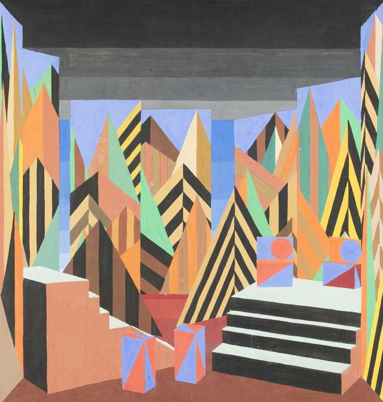 Sascha Wiederhold, Stage design for When We Dead Awaken by Henrik Ibsen, 2nd act: In the mountains, for the Stadttheater Tilsit, 1929/1930. Gouache, pencil, gold and silver bronze on paper, 40.6 x 41.3 cm. Silard Isaak Collection, estate of Carl Laszlo © legal successor Sascha Wiederhold.