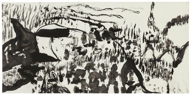 Matthew Wong, Untitled, 2014. Ink on rice paper. 31 x 57 1/2 in (78.7 x 146.1 cm). ©2021 Matthew Wong Foundation / Artists Rights Society (ARS), New York. Photography: Alex Yudzon / Cheim & Read, New York.