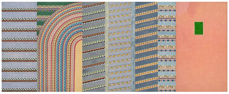 Joyce Kozloff, Striped Cathedral, 1977. Acrylic on canvas, 72 × 180 in (182.88 × 457.2 cm). Courtesy of the artist and DC Moore Gallery, New York. Photo: eeva-inkeri, New York.