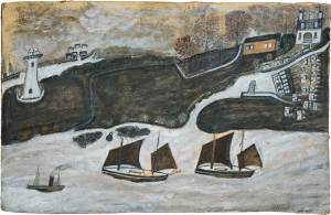 Alfred Wallis. Two ships and steamer sailing past a port – Falmouth and St. Anthony lighthouse, c1931. Oil on card, 26.3 x 40.9 cm. Courtesy of Kettle’s Yard, University of Cambridge.