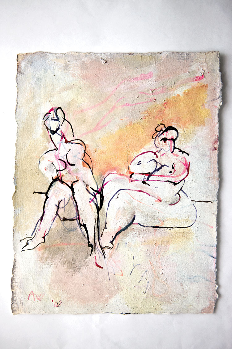 Anthony Whishaw. Two Models Posing, 2008. Mixed media on paper, 25 x 19 cm. © the artist.