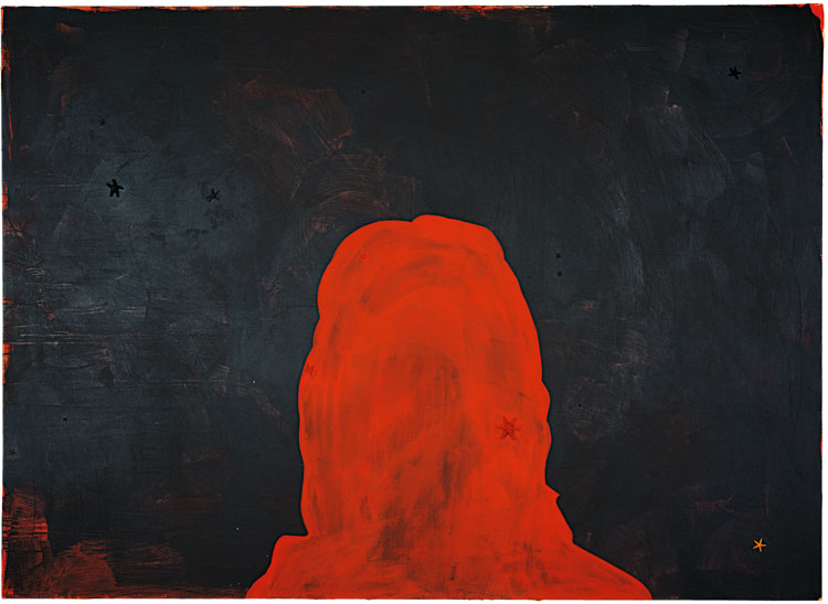 Mary Weatherford. Big Red Margaret Head, 1997. Acrylic, Flashe and starfish on canvas, 69 x 96 in. Collection of Nick Debs.