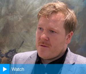 Jake Wood-Evans talking to Studio International at his exhibition Relic, Winchester Discovery Centre, 11 February 2020. Photo: Martin Kennedy.