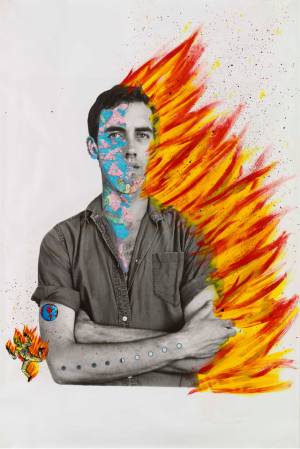 David Wojnarowicz with Tom Warren, Self-Portrait of David Wojnarowicz, 1983–84. Acrylic and collaged paper on gelatin silver print, 152.4 × 101.6 cm. Collection of Brooke Garber Neidich and Daniel Neidich. Photograph courtesy Museo Reina Sofia.