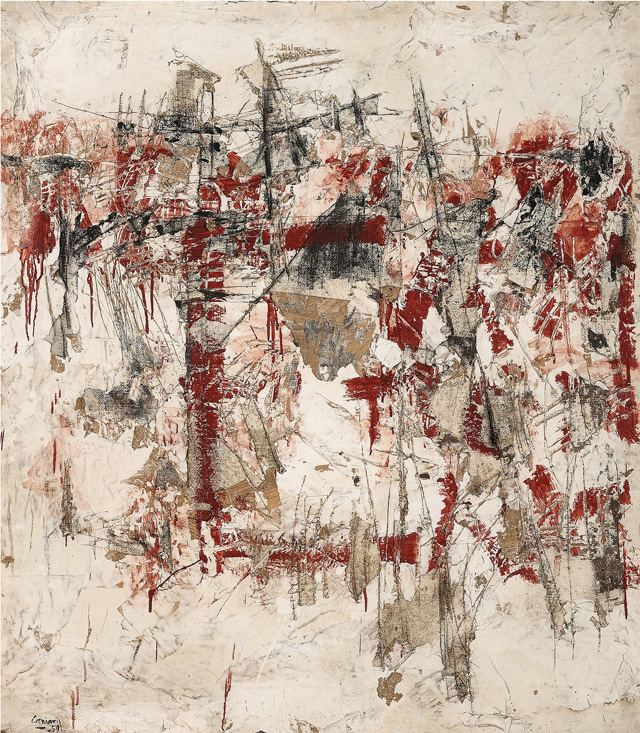 Vlassis Caniaris, Hommage aux murs d’Athènes, 1959. Oil and mixed media on canvas, 59 7/8 x 52 x 1 15/16 in (152 x 132 x 5 cm) © Vlassis Caniaris.
