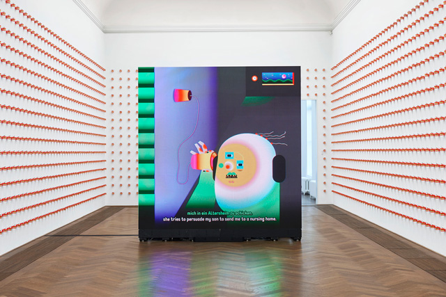 Wong Ping, installation view, Golden Shower, view on HD film, Dear, can I give you a hand?, 2018, Kunsthalle Basel, 2019. Photo: Philipp Hänger / Kunsthalle Basel. Courtesy of the artist, Edouard Malingue Gallery, Hong Kong / Shanghai, and Solomon R. Guggenheim Museum, New York.