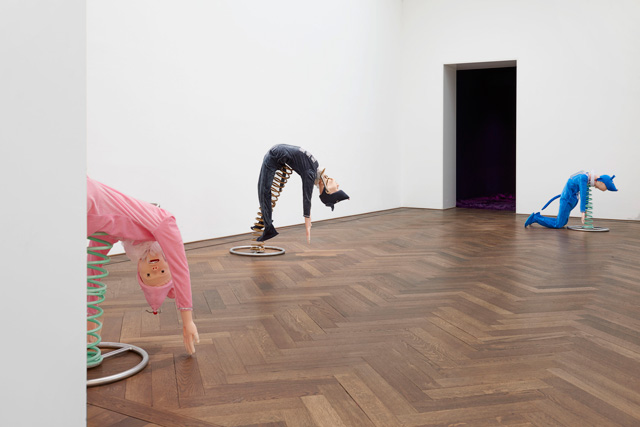 Wong Ping, installation view, Golden Shower, (left to right) Bestiality rider R, Bestiality rider A, Bestiality rider T, Kunsthalle Basel, 2019. Photo: Philipp Hänger / Kunsthalle Basel. Courtesy of the artist and Edouard Malingue Gallery, Hong Kong / Shanghai.