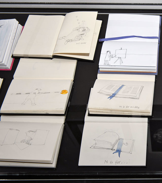 Installation view, showing a selection of Nick Wadley’s sketchbooks, from Nick Wadley in Gdansk, CCA Laznia, Gdansk, Poland. Photo: Paweł Jozwiak.