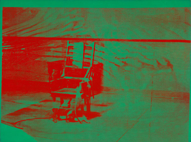 Andy Warhol. Big Electric Chair, 1967–68. Acrylic and silkscreen ink on linen, 54 1/8 x 73 1/4 in (137.5 x 186.1 cm). The Art Institute of Chicago; gift of Edlis/Neeson Collection, 2015.128 © The Andy Warhol Foundation for the Visual Arts, Inc. / Artists Rights Society (ARS), New York.