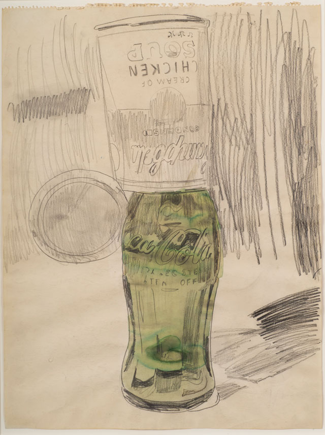Andy Warhol. Campbell’s Soup Can over Coke Bottle, 1962. Graphite and watercolor on paper, 23 1⁄2 × 17 3⁄4 in (59.7 × 45.1 cm). The Brant Foundation, Greenwich, CT © The Andy Warhol Foundation for the Visual Arts, Inc. / Artists Rights Society (ARS) New York.