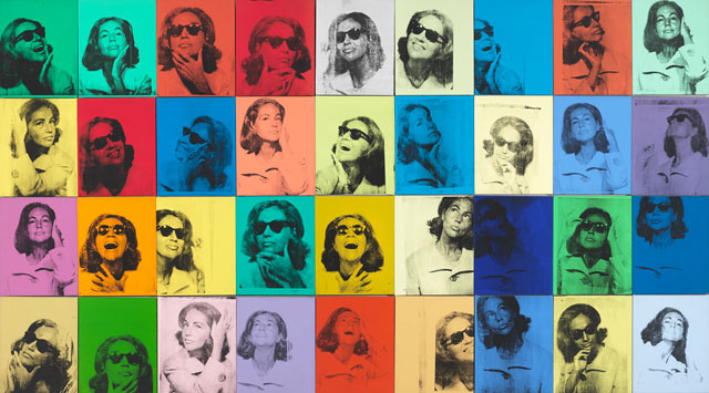 Andy Warhol. Ethel Scull 36 Times, 1963. Silkscreen ink and acrylic on linen, thirty-six panels: 80 × 144 in (203.2 × 365.8 cm) overall. Whitney Museum of American Art, New York; jointly owned by the Whitney Museum of American Art and The Metropolitan Museum of Art; gift of Ethel Redner Scull 86.61a‒jj © The Andy Warhol Foundation for the Visual Arts, Inc. / Artists Rights Society (ARS) New York.
