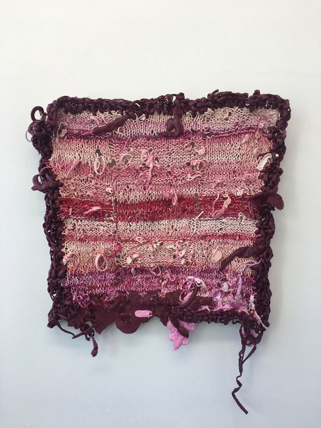 Emma Roche. Pucker Slave. Knitted acrylic paint on board, 48 x 45 cm.