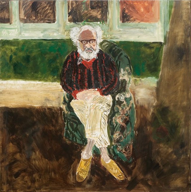 Jean Cooke. Portrait of John Bratby Seated. Oil on canvas, 121.9 x 121.9 cm. © The Estate of Jean Cooke, courtesy of Piano Nobile, Robert Travers (Works of Art) Ltd.