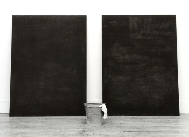 Joseph Beuys. F.I.U. Blackboards, 1977-1979. Blackboards, chalk, pail, water and rags, each blackboard 63 x 47 1/2 x 5/8 in; bucket 12 1/2(h) x 11 1/4 dia. Gift of Frayda and Ronald Feldman in Honor of James T. Demetrion, 2002. Courtesy Hirshhorn Museum and Sculpture Garden.
