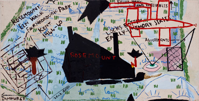Rose Wylie, Rosemount (Coloured), 1999. Oil on canvas, 186 × 378 cm. Courtesy of REGINA Gallery, Moscow.