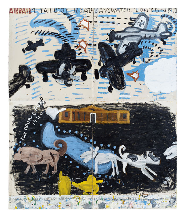 Rose Wylie, Park Dogs & Air Raid, 2017. Oil on canvas, 393 × 331 cm. Courtesy of the artist and David Zwirner, London.