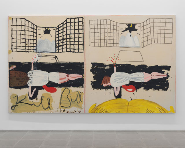 Rose Wylie, Kill Bill (Film Notes), 2007. Installation view. Oil on canvas, 180 × 308 cm. Courtesy of Private Collection. © Mike Din.