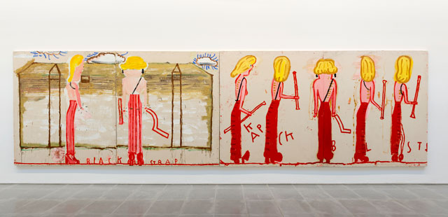 Rose Wylie, Black Strap (Eyelashes), 2014. Oil on canvas, 184 × 326 cm, and NK (Syracuse Line-up), 2014. Oil on canvas, 185 x 333. Installation view. Both courtesy of Private Collection. © Mike Din.