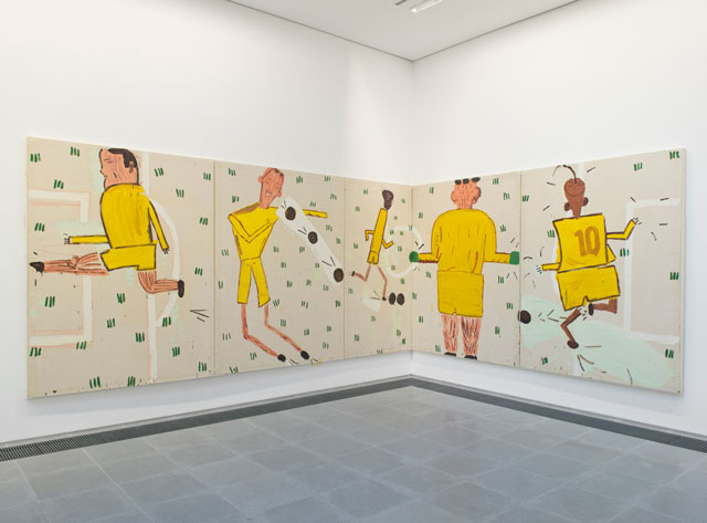 Rose Wylie, Yellow Strip. 2006. Installation view. Oil and chalk on canvas, 183 × 777 cm. Courtesy of the artist. © Mike Din.