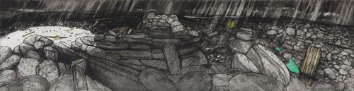 Frances Walker. Storm Beach Fank, North Uist, 2001. Etching plus ink on plate & watercolour tint, 31 x 119 cm. Courtesy of Tatha Gallery, Newport on Tay. Copyright Frances Walker.