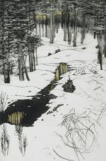 Frances Walker. Winter in Achnasoul Wood, 2007. Collograph and watercolour, 73.5 x 48 cm. Courtesy of Tatha Gallery, Newport on Tay. Copyright Frances Walker.