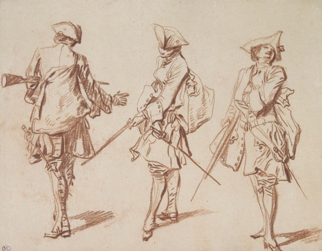 Jean-Antoine Watteau. Three Views of a Soldier, One from Behind, c1713–15. Red chalk, with black ink framing 6 ¾ × 8 5/8 in. Musée du Louvre, Paris. Photograph: © RMN-Grand Palais / Art Resource, NY.