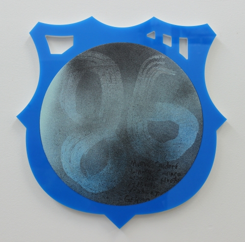 Wendy White. Barça 86, 2014. Acrylic on canvas, plexiglas and PVC frame, 15.5 x 15.5 in (39.4 x 39.4 cm).